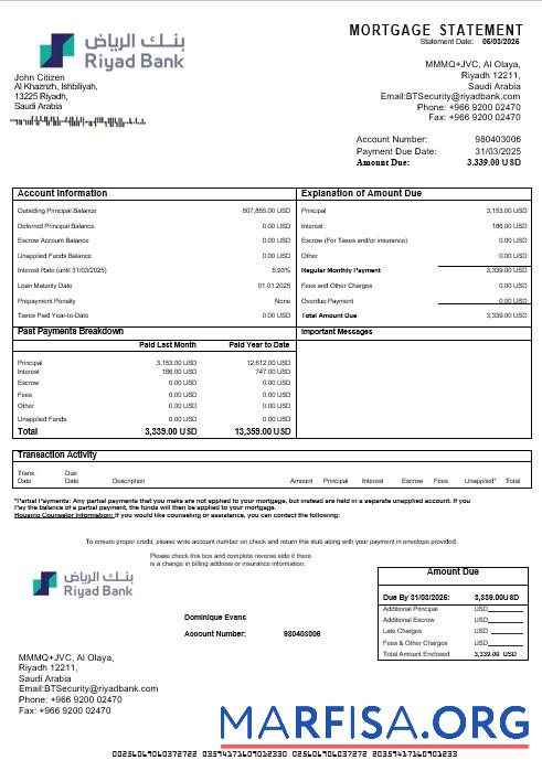 Realistic Saudi Arabia Riyad Bank mortgage statement in Word and PDF formats example